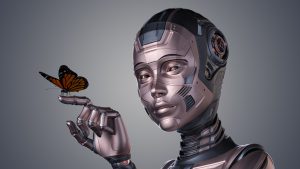 Roboter hebt seinen kleinen finger und ein Schmetterling landet darauf.