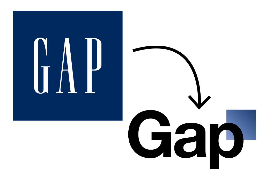 Vergleich von dem GAP Logo und seinem Redesign im Jahr 2010, das bereits nach einer Woche von dem Unternehmen zurückgezogen wurde.