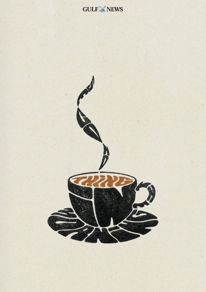 Werbeplakat, auf dem eine Tasse abgebildet ist, die aus Buchstaben geformt wurde. Liest man den Text erkennt man den Satz "second good thing in the morning".
